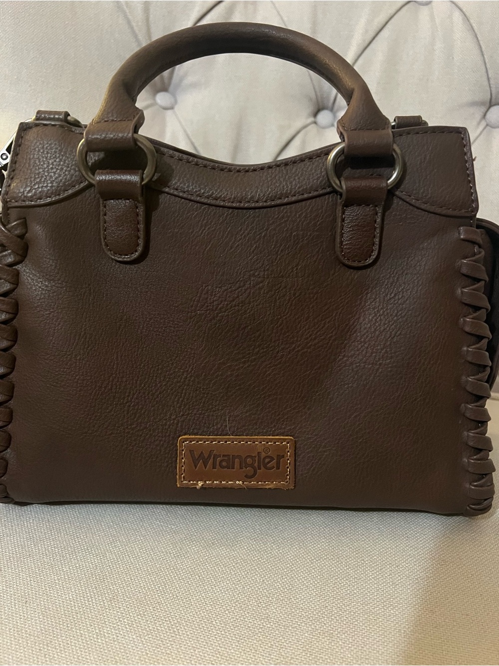 Wrangler Brown Leather-Effect Satchel with Whipstitch Trim